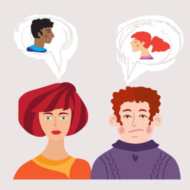 Erkek ve kadın. İlişkilerin psikolojisi. Erkekler ve kadınlar bir eş hayal ederler. Aşk ve kıskançlık. Vektör çizgi film düz illüstrasyon.