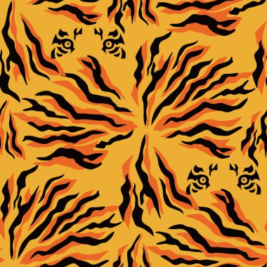 Kaplan, düz çizgi filmlerde farklı renklerde kusursuz desen çizer. Tekstil, kumaş, duvar kağıdı için modern moda deri tasarımı. Safari tarzı. Vektör illüstrasyonu