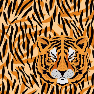 Kaplan, düz çizgi filmlerde farklı renklerde kusursuz desen çizer. Tekstil, kumaş, duvar kağıdı için modern moda deri tasarımı. Safari tarzı. Vektör illüstrasyonu