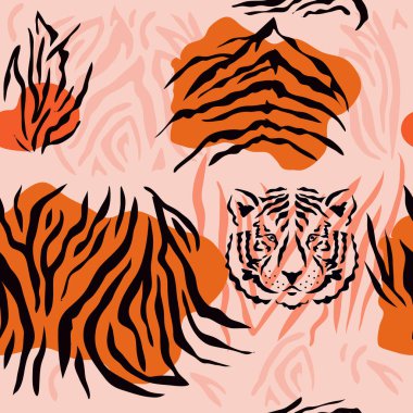 Kaplan, düz çizgi filmlerde farklı renklerde kusursuz desen çizer. Tekstil, kumaş, duvar kağıdı için modern moda deri tasarımı. Safari tarzı. Vektör illüstrasyonu