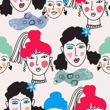 Farklı ten renginde, yaşlarda, saç stilinde ve yüz tiplerinde güzel kadın portreleri olan modaya uygun, pürüzsüz bir apattern. Çizgi film stili Vektör çizgisi çiziminde çeşitli modaya uygun kadın karakterlerin görünümü