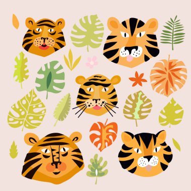 Şirin kaplanlı, çiçekli, yapraklı müthiş çocuksu bir set. Tekstil ürünleri, çocuk kıyafetleri, duvar resimleri, sevimli posterler, yüzey tasarımı, moda çocuklarının giydiği kıyafetler, bebek partisi. Çocuklar için vektör çizimi