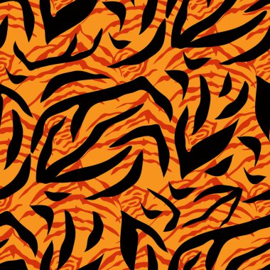 Kaplan, düz çizgi filmlerde farklı renklerde kusursuz desen çizer. Tekstil, kumaş, duvar kağıdı için modern moda deri tasarımı. Safari tarzı. Vektör illüstrasyonu