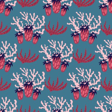 Deniz yosunlarıyla, deniz altı bitkileriyle, okyanus mercan resifleriyle, su yosunlarıyla, deniz yosunlarıyla, deniz kabuklarıyla, denizanalarıyla güzel, pürüzsüz desenler. Denizci geçmişi. Vektör illüstrasyonu.  