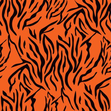 Kaplan, düz çizgi filmlerde farklı renklerde kusursuz desen çizer. Tekstil, kumaş, duvar kağıdı için modern moda deri tasarımı. Safari tarzı. Vektör illüstrasyonu