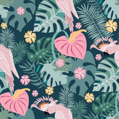 Tropikal papağanlar, renkli egzotik kuşlar, yapraklar, çiçekler, tatil ve seyahat için sanat eserleri, moda, tekstil, ağ, posterler, duvar kağıtları illüstrasyon EPS 10