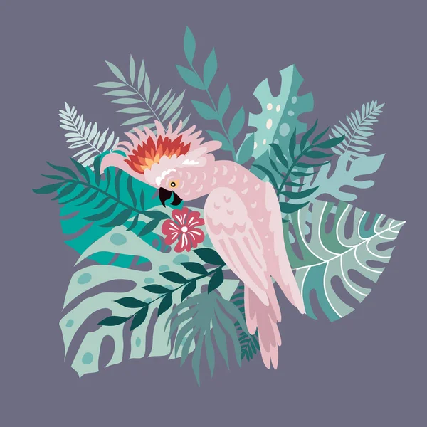 Tropikal Çiçekli Güzel Tropikal Papağan Kuşu Renkli Egzotik Yapraklar Bitkiler — Stok Vektör