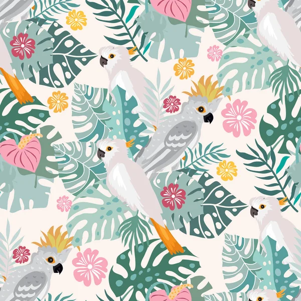 Beautiful tropical  seamlless pattern with  tropical parrots, colorful exotic Birds, leaves, flowers, plants  art print for travel and holiday, fashion, textile, web,  posters, wallpapers  Vector illustration  EPS 10