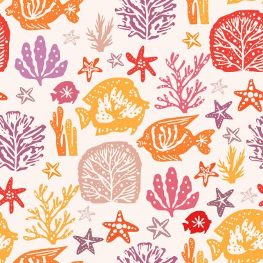 Deniz yosunlarının, mercanların, deniz yosunlarının, deniz kabuklarının, denizanalarının, balıkların, fitoplanktonların, alglerin, laminaryanın deniz yosunlarının, tropikal sualtı hayvanlarının kusursuz desenleri. Vektör