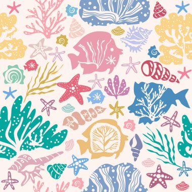 Deniz yosunlarının, mercanların, deniz yosunlarının, deniz kabuklarının, denizanalarının, balıkların, fitoplanktonların, alglerin, laminaryanın deniz yosunlarının, tropikal sualtı hayvanlarının kusursuz desenleri. Vektör