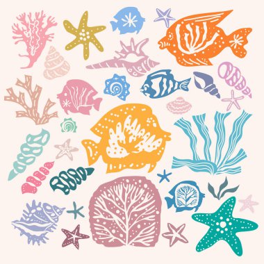 Deniz altı deniz yosunları, ekinler, deniz yosunları ve okyanus mercanları. Vektör yosun karikatür çizimi akvaryum dekoru