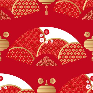 Güzel Çinliler, Japon desenli pervaneler, bulutlar, dalgalar. Kırmızı ve altın. Paketleme, tekstil, kağıt, kumaş, imalat ve duvar kağıtları üzerine baskı yapmak için. Vektör illüstrasyonu