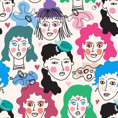 Farklı ten renginde, yaşlarda, saç stilinde ve yüz tiplerinde güzel kadın portreleri olan modaya uygun, pürüzsüz bir apattern. Çizgi film stili Vektör çizgisi çiziminde çeşitli modaya uygun kadın karakterlerin görünümü