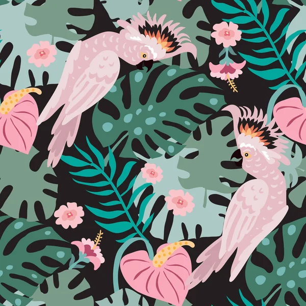 Piękny Tropikalny Bezszwowy Wzór Tropikalnymi Papugami Kolorowe Egzotyczne Ptaki Liście — Wektor stockowy
