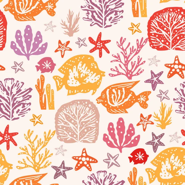 Deniz yosunlarının, mercanların, deniz yosunlarının, deniz kabuklarının, denizanalarının, balıkların, fitoplanktonların, alglerin, laminaryanın deniz yosunlarının, tropikal sualtı hayvanlarının kusursuz desenleri. Vektör