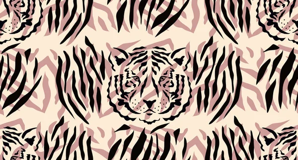 Kaplan, düz çizgi filmlerde farklı renklerde kusursuz desen çizer. Tekstil, kumaş, duvar kağıdı için modern moda deri tasarımı. Safari tarzı. Vektör illüstrasyonu