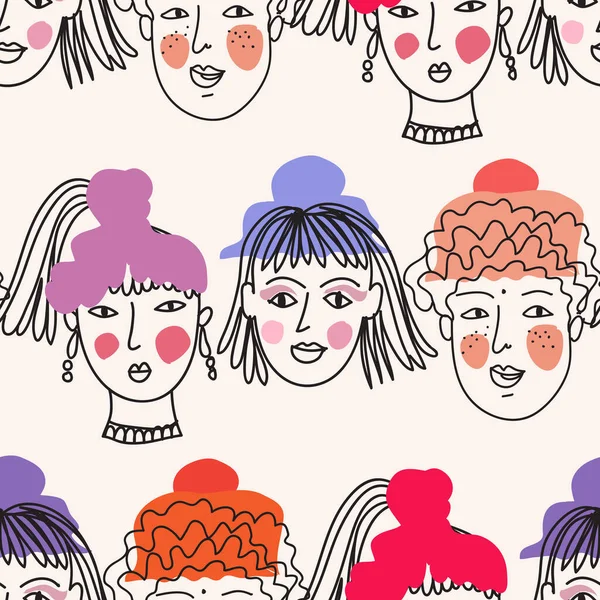 Farklı ten renginde, yaşlarda, saç stilinde ve yüz tiplerinde güzel kadın portreleri olan modaya uygun, pürüzsüz bir apattern. Çizgi film stili Vektör çizgisi çiziminde çeşitli modaya uygun kadın karakterlerin görünümü