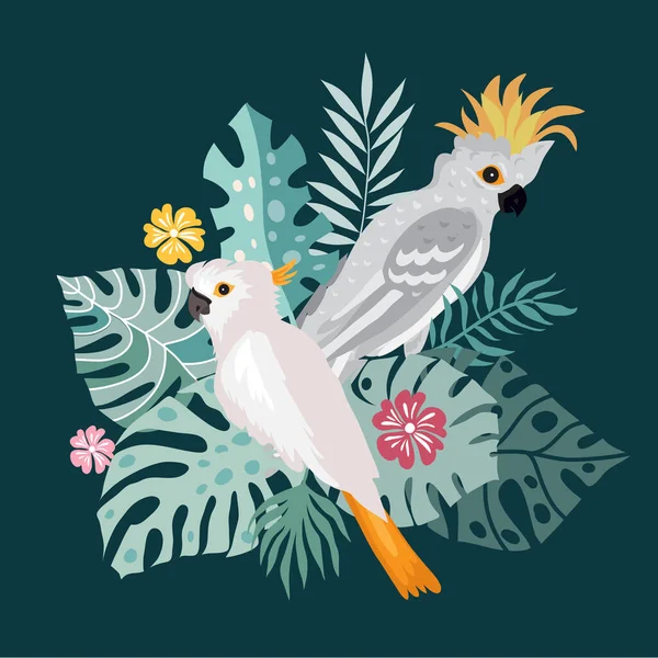 Piękne Egzotyczne Tropikalne Ptaki Papugi Tropikalnymi Kwiatami Kolorowe Egzotyczne Liście — Wektor stockowy