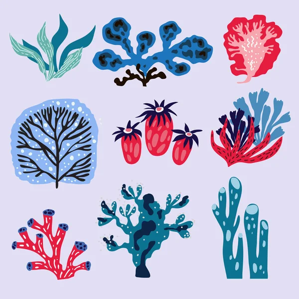 Cartoon Big Set Different Seaweeds Colals Красивые Каракули Подводной Морской — стоковый вектор