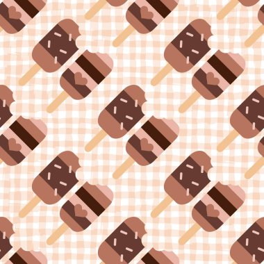 Dondurma, waffle, tatlı kekler, çikolatalı dondurma ve meyveli kekler, tatlılar ve börekler ile kusursuz yaz şablonu. Çizgi film tarzında vektör illüstrasyonu.