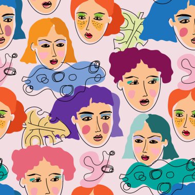 Farklı ten renginde, yaşlarda, saç stilinde ve yüz tiplerinde güzel kadın portreleri olan modaya uygun, pürüzsüz bir apattern. Çizgi film stili Vektör çizgisi çiziminde çeşitli modaya uygun kadın karakterlerin görünümü