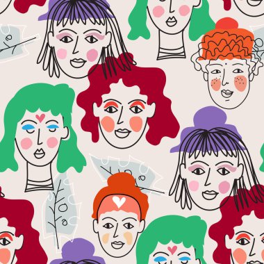 Farklı ten renginde, yaşlarda, saç stilinde ve yüz tiplerinde güzel kadın portreleri olan modaya uygun, pürüzsüz bir apattern. Çizgi film stili Vektör çizgisi çiziminde çeşitli modaya uygun kadın karakterlerin görünümü