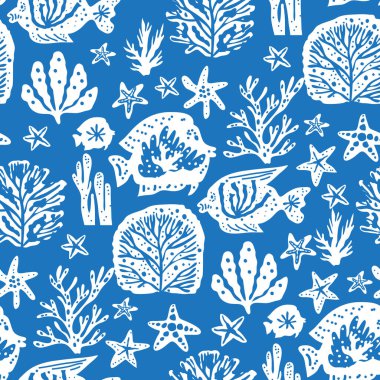 Deniz yosunlarının, mercanların, deniz yosunlarının, deniz kabuklarının, denizanalarının, balıkların, fitoplanktonların, alglerin, laminaryanın deniz yosunlarının, tropikal sualtı hayvanlarının kusursuz desenleri. Vektör