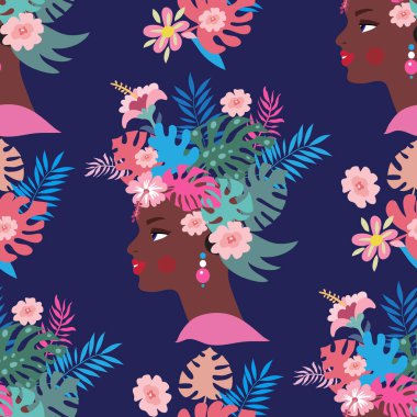 Güzel kadınlar, palmiye ağaçları, tropikal yapraklar ve çiçeklerle mükemmel bir yaz dönemi. Tekstil, duvar kağıdı, duvar sanatı, web sitesi, kumaş için egzotik modern moda tasarımı. Vektör illüstrasyonu