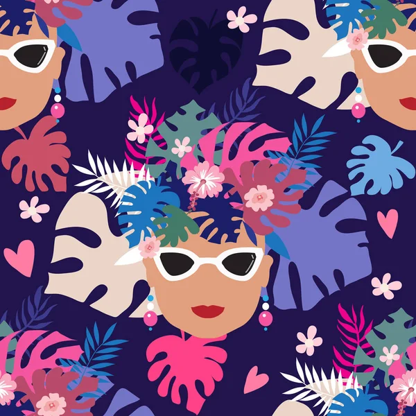 Léto Úžasné Bezešvé Vzor Krásnými Ženami Palmy Tropické Listy Květiny — Stockový vektor