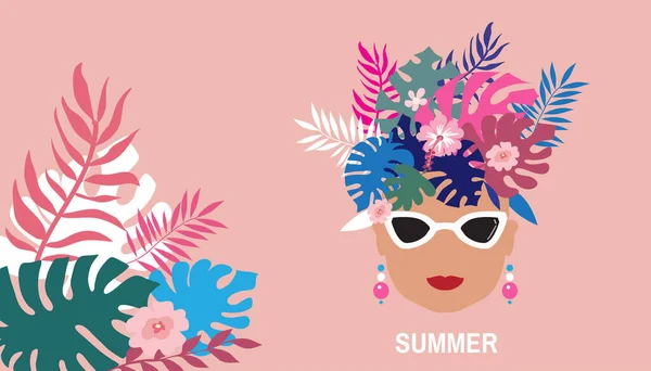 Letni Projekt Koncepcyjny Pięknymi Kobietami Palmami Tropikalnymi Liśćmi Kwiatami Egzotyczny — Wektor stockowy
