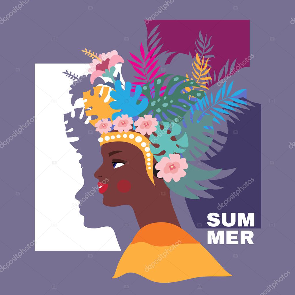 Summer concept design  with  pretty women,  palm trees, tropical leaves and flowers. Exotic modern   design for web banner, party invitation, poster, wall art, web site, business trevel.  Vector illustration