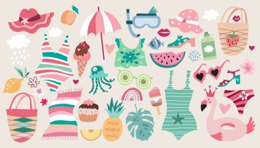 Tuhaf elementlerle dolu güzel bir yaz seti - meyve, yiyecek, tropikal çiçekler, renkli egzotik yapraklar, bitkiler modern moda yaz seti seyahat ve tatil için, tekstil, posterler, kart illüstrasyonu 