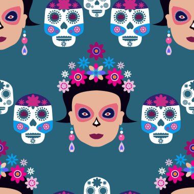 Ölüler Günü mü? Dia de los Muertos, Şeker dövmeli kurukafalar, marakalar, gitar, sombrero ve kadife çiçekleri, Catrina Calavera geleneksel Meksika iskeleti dikişsiz desenli Vektör çizimi.