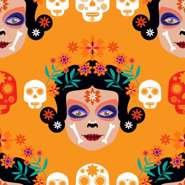 Ölüler Günü mü? Dia de los Muertos, Şeker dövmeli kurukafalar, marakalar, gitar, sombrero ve kadife çiçekleri, Catrina Calavera geleneksel Meksika iskeleti dikişsiz desenli Vektör çizimi.