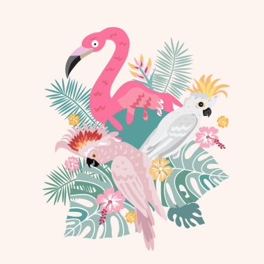 Güzel tropik papağan kuşu, tropik çiçekli flamingo, renkli egzotik yapraklar, seyahat ve tatil için modern sanat eserleri, tekstil, posterler, duvar sanatı, Vector illüstrasyonu 
