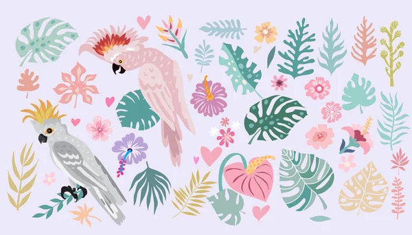 Beautiful  big set with exotic tropical parrot bird, tropical flowers, colorful exotic leaves, plants  Art  modern fashion print for travel and holiday, textile, web,  posters, wall art, banners  Vector illustration  EPS 10