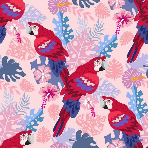 Piękny Tropikalny Bezszwowy Wzór Tropikalnymi Papugami Kolorowe Egzotyczne Ptaki Liście — Wektor stockowy