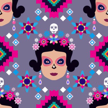 Ölüler Günü mü? Dia de los Muertos, Şeker dövmeli kurukafalar, marakalar, gitar, sombrero ve kadife çiçekleri, Catrina Calavera geleneksel Meksika iskeleti dikişsiz desenli Vektör çizimi.