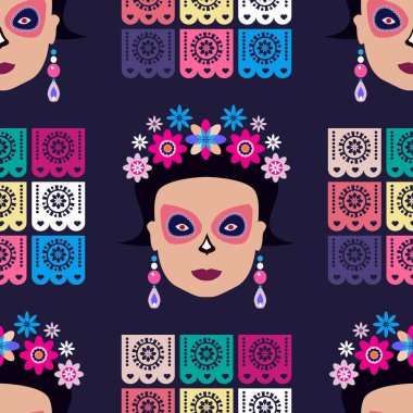 Ölüler Günü mü? Dia de los Muertos, Şeker dövmeli kurukafalar, marakalar, gitar, sombrero ve kadife çiçekleri, Catrina Calavera geleneksel Meksika iskeleti dikişsiz desenli Vektör çizimi.