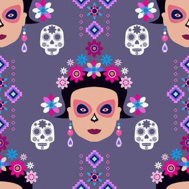Ölüler Günü mü? Dia de los Muertos, Şeker dövmeli kurukafalar, marakalar, gitar, sombrero ve kadife çiçekleri, Catrina Calavera geleneksel Meksika iskeleti dikişsiz desenli Vektör çizimi.