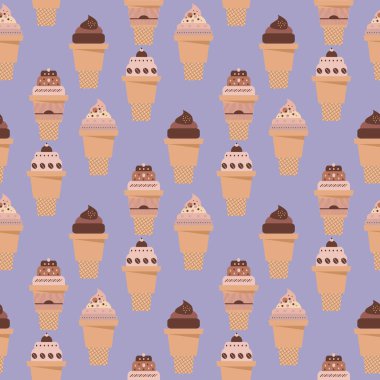 Dondurma, waffle, tatlı kekler, çikolatalı dondurma ve meyveli kekler, tatlılar ve börekler ile kusursuz yaz şablonu. Çizgi film tarzında vektör illüstrasyonu.