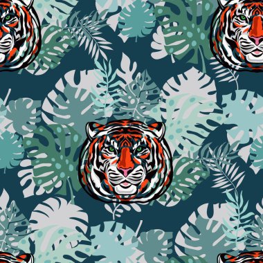 Kaplan ve tropik bitkiler, çiçekler, yapraklar. Güzel, pürüzsüz desenli çizgi film gerçekçi düz stil. Tekstil, kumaş, duvar kağıdı için modern moda deri tasarımı. Safari sanat tarzı. Vektör illüstrasyonu