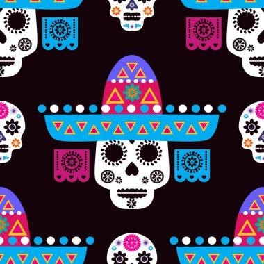 Ölüler Günü mü? Dia de los Muertos, Şeker dövmeli kurukafalar, marakalar, gitar, sombrero ve kadife çiçekleri, Catrina Calavera geleneksel Meksika iskeleti dikişsiz desenli Vektör çizimi.