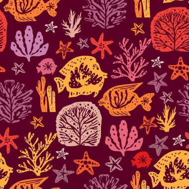 Deniz yosunlarının, mercanların, deniz yosunlarının, deniz kabuklarının, denizanalarının, balıkların, fitoplanktonların, alglerin, laminaryanın deniz yosunlarının, tropikal sualtı hayvanlarının kusursuz desenleri. Vektör