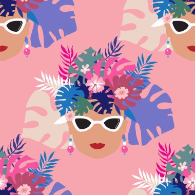 Güzel kadınlar, palmiye ağaçları, tropikal yapraklar ve çiçeklerle mükemmel bir yaz dönemi. Tekstil, duvar kağıdı, duvar sanatı, web sitesi, kumaş için egzotik modern moda tasarımı. Vektör illüstrasyonu