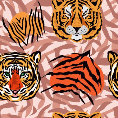 Kaplan kusursuz desenli, çizgi filmlerdeki gibi farklı renklerde, düz ve düz. Tekstil, kumaş, duvar kağıdı için modern moda deri tasarımı. Safari sanat tarzı. Vektör illüstrasyonu