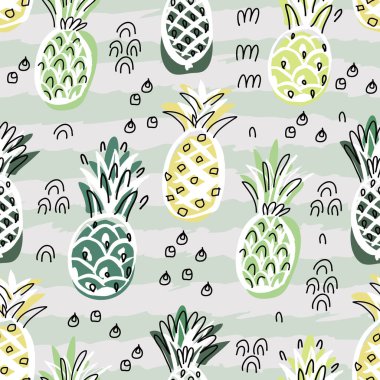Modern moda yaz tasarımı için ananaslı, kusursuz bir desen. Tekstil, kağıt, kapak, kumaş, iç dekorasyon, ambalaj, duvar kağıdı ve ambalaj için yaratıcı İskandinav dokusu. Vektör illüstrasyonu