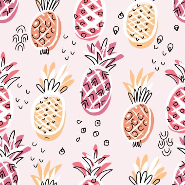 Modern moda yaz tasarımı için ananaslı, kusursuz bir desen. Tekstil, kağıt, kapak, kumaş, iç dekorasyon, ambalaj, duvar kağıdı ve ambalaj için yaratıcı İskandinav dokusu. Vektör illüstrasyonu