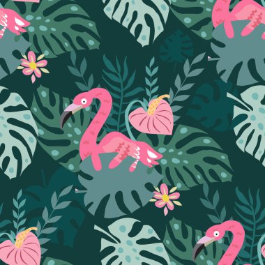 Pembe flamingo kuşuyla renksiz, güzel bir desen. Tropik çiçek arka planı. Tekstil, kumaş, duvar kağıdı, oda dekorasyonu için mükemmel. Vektör illüstrasyonu.
