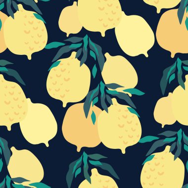 Modern moda yaz tasarımı için limonlu meyveli güzel, pürüzsüz desen. Yaz titreşimleri. Tekstil, kağıt, kapak, kumaş, iç dekorasyon, ambalaj, duvar kağıdı ve ambalaj için yaratıcı İskandinav dokusu. Vektör illüstrasyonu